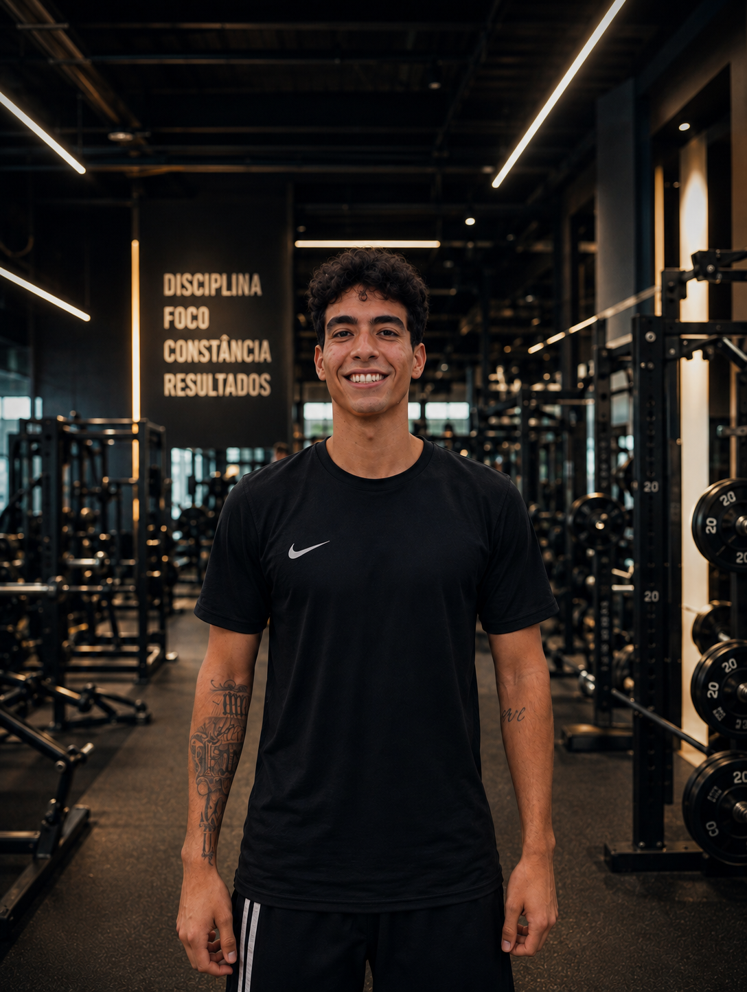 Leo Lucas em pé no corredor central de uma academia ampla, sorrindo