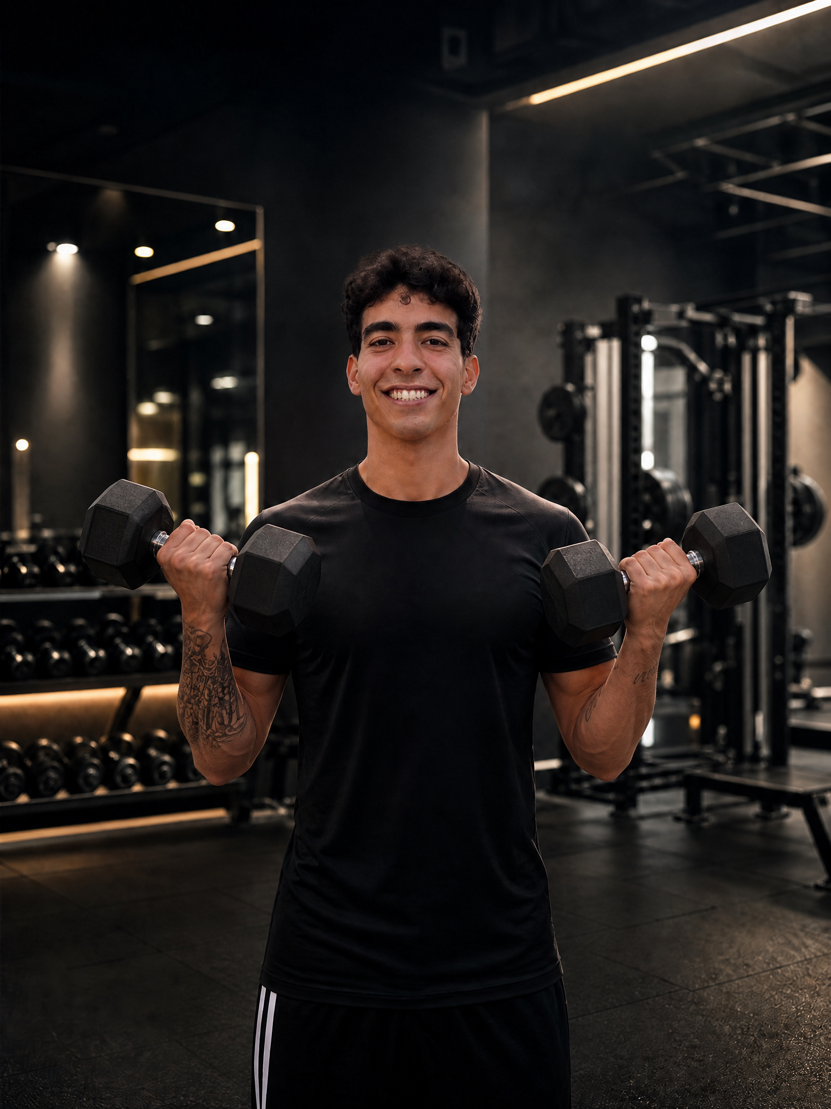 Leo Lucas, personal trainer, sorrindo enquanto levanta dois halteres em uma academia moderna com iluminação dramática